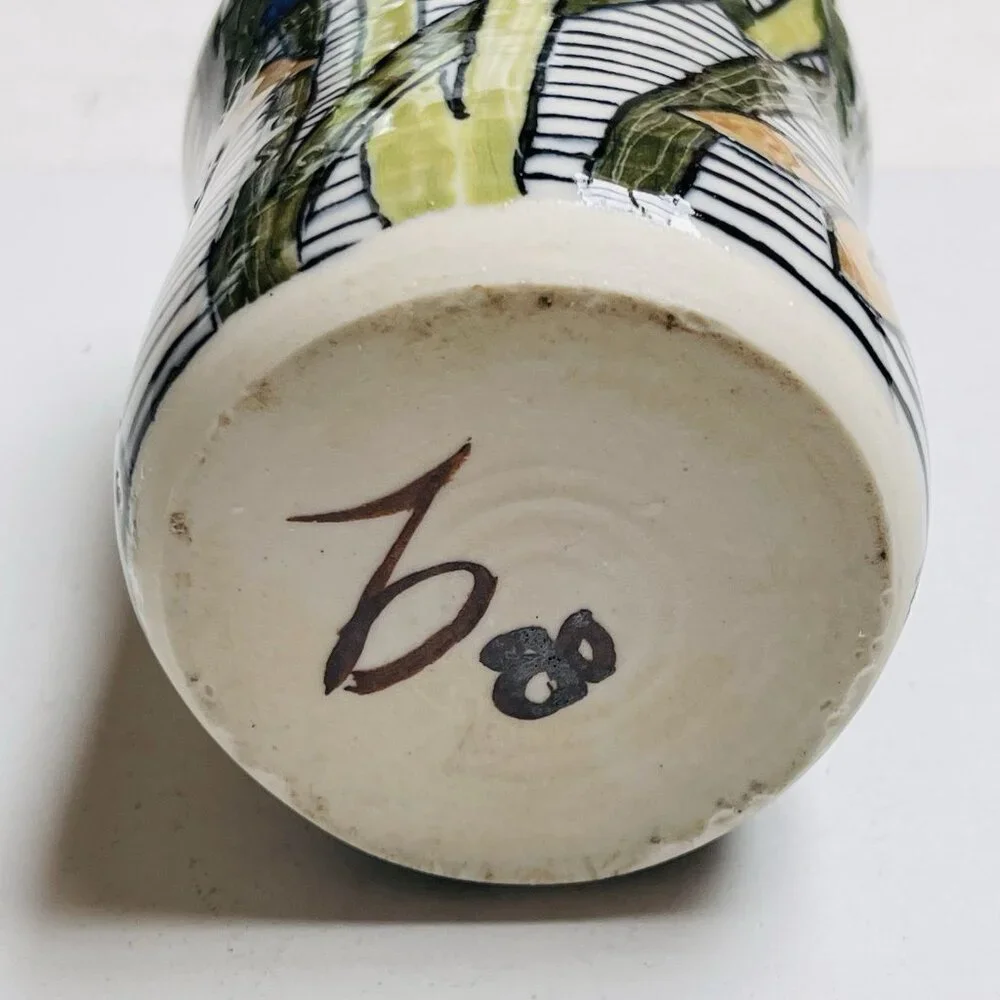 Studio Art Pottery Vase Signed Floral Blue Iris Home Decor